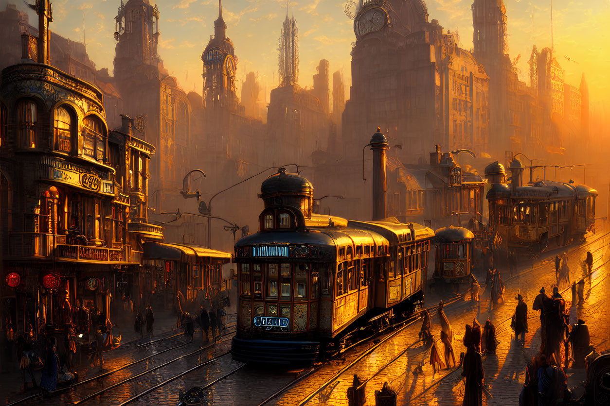 Vintage-style cityscape at sunset with trams, illuminated buildings, and bustling streets.