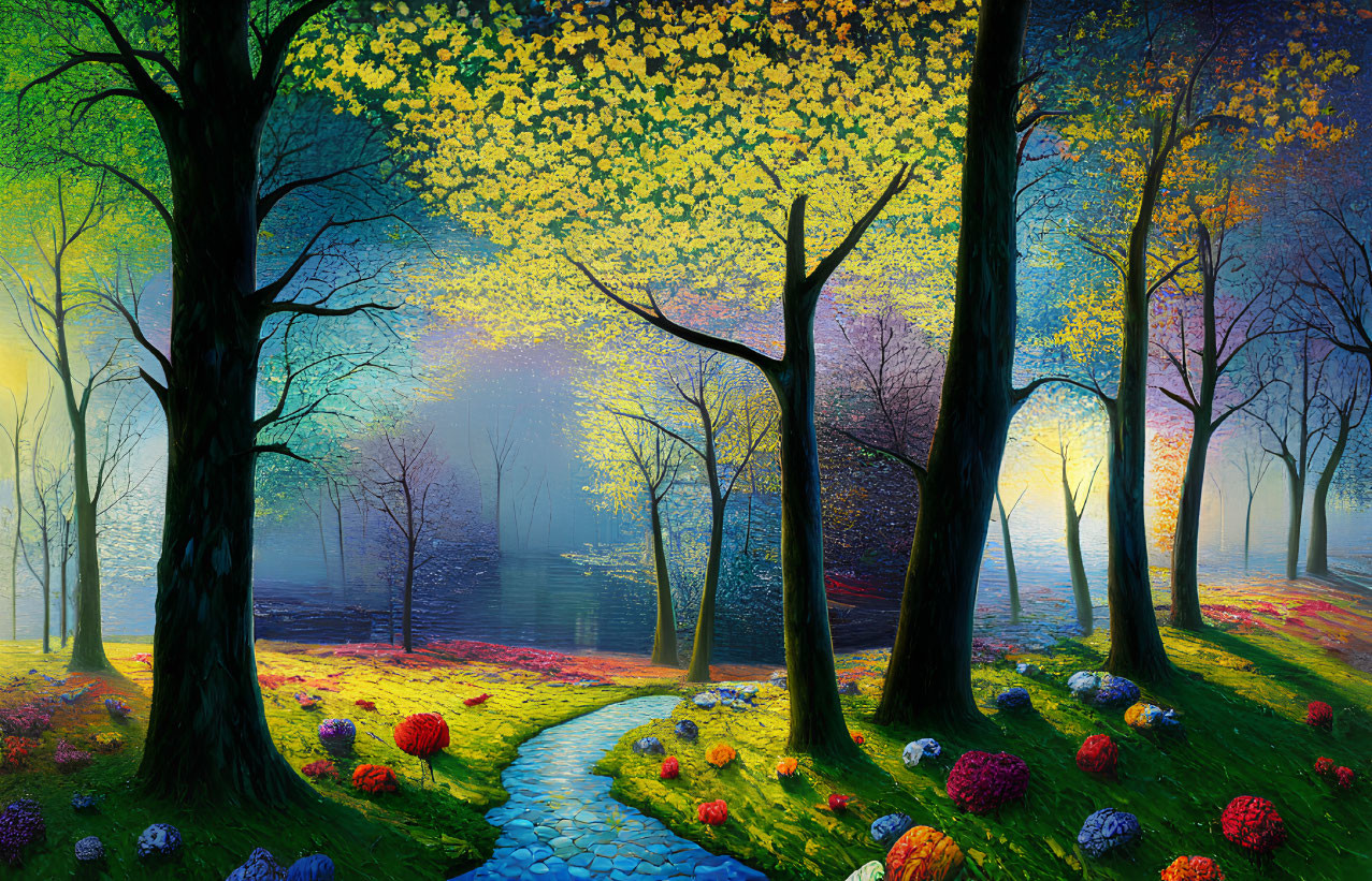Impressionistic park painting with cobblestone path, colorful flowers, trees, and blue lake