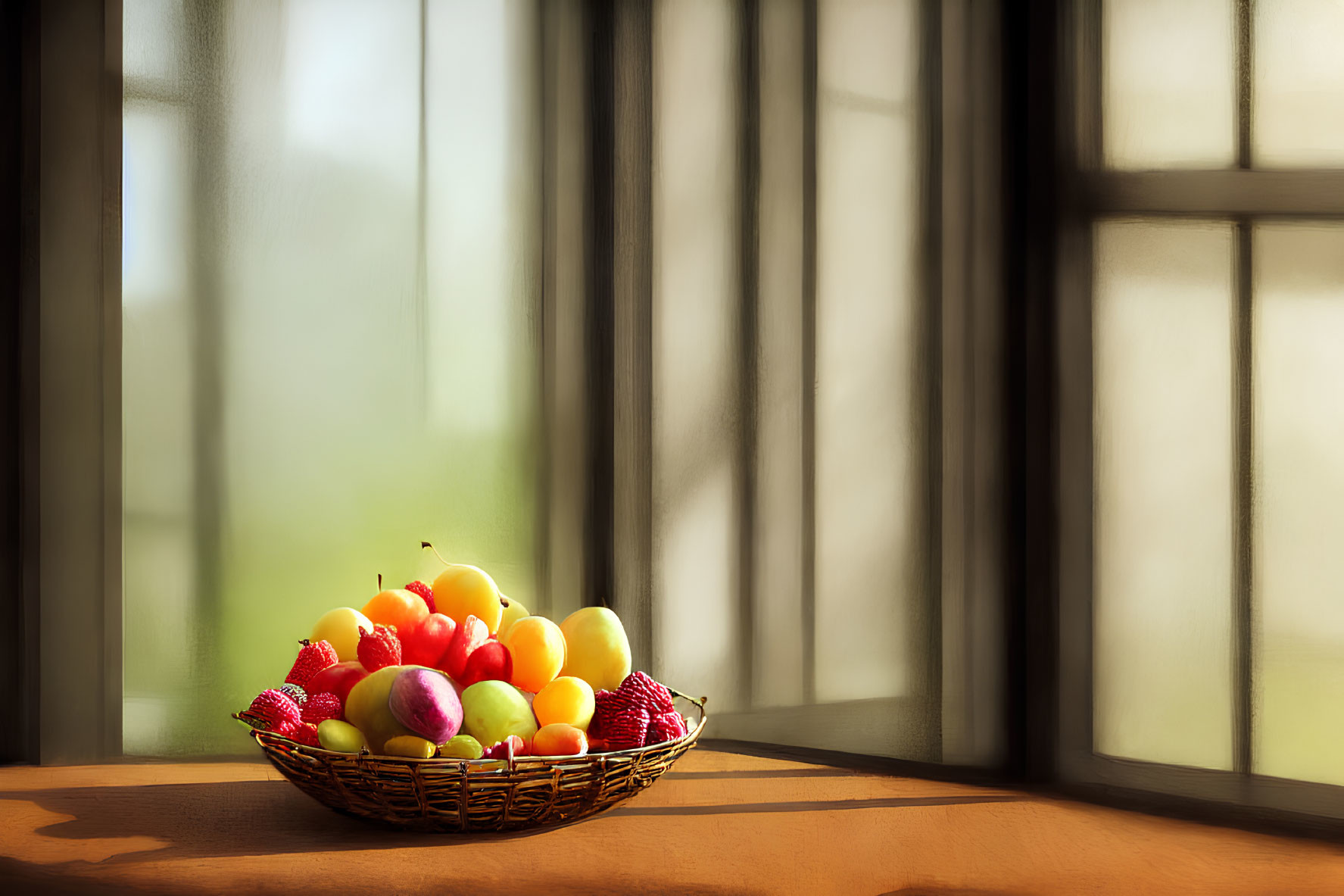 Sunlit Room with Colorful Fruits in Wicker Basket