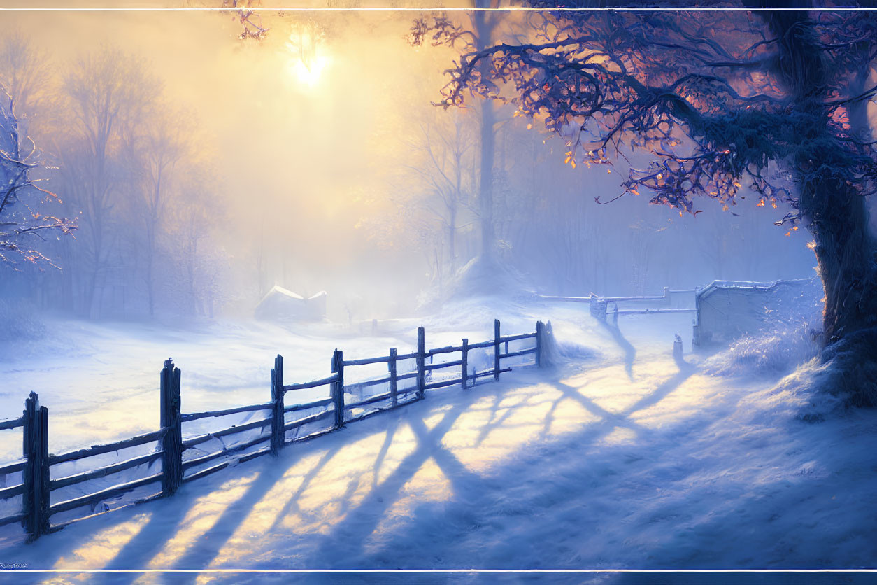 Snow-covered path, rustic fence, bare trees, golden sunlight, cozy cottage.