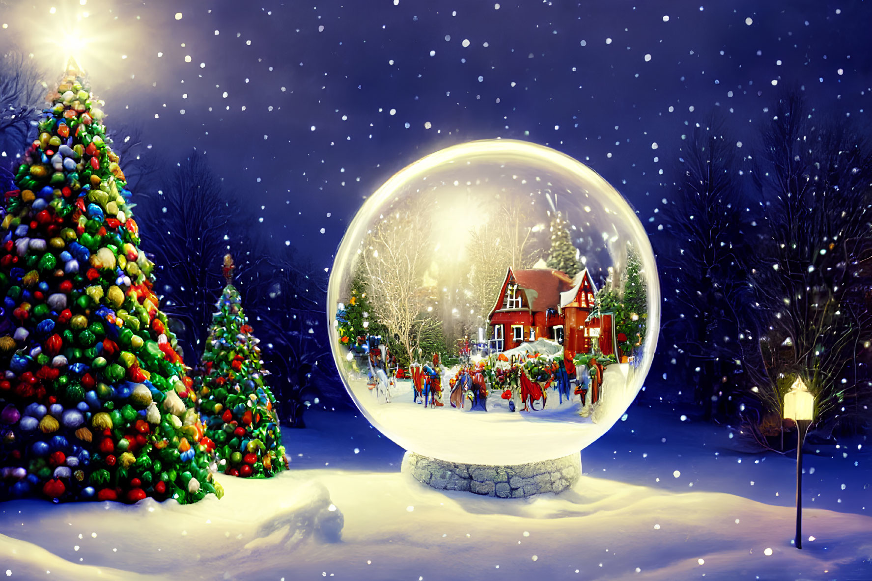 Festive snow globe scene with Christmas village and falling snow