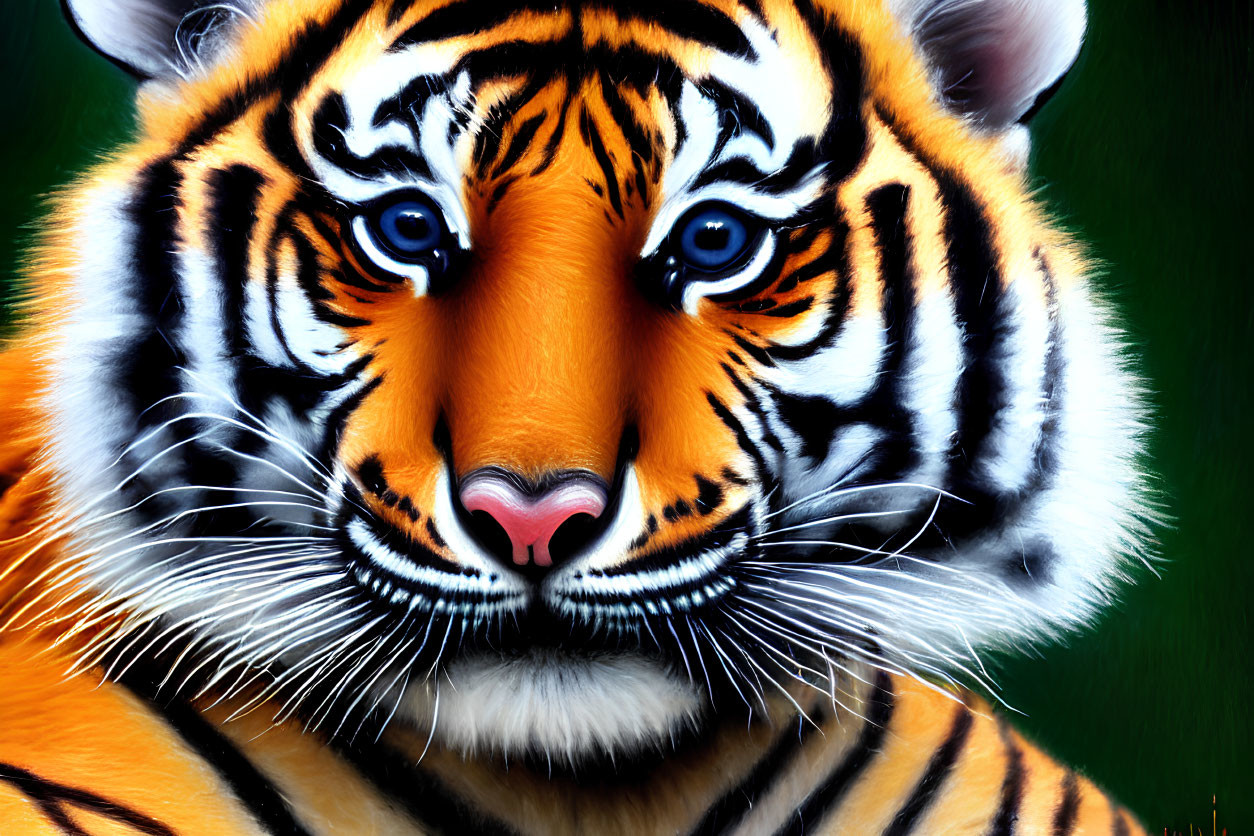 Vibrantly colored tiger's face with blue eyes on dark green background