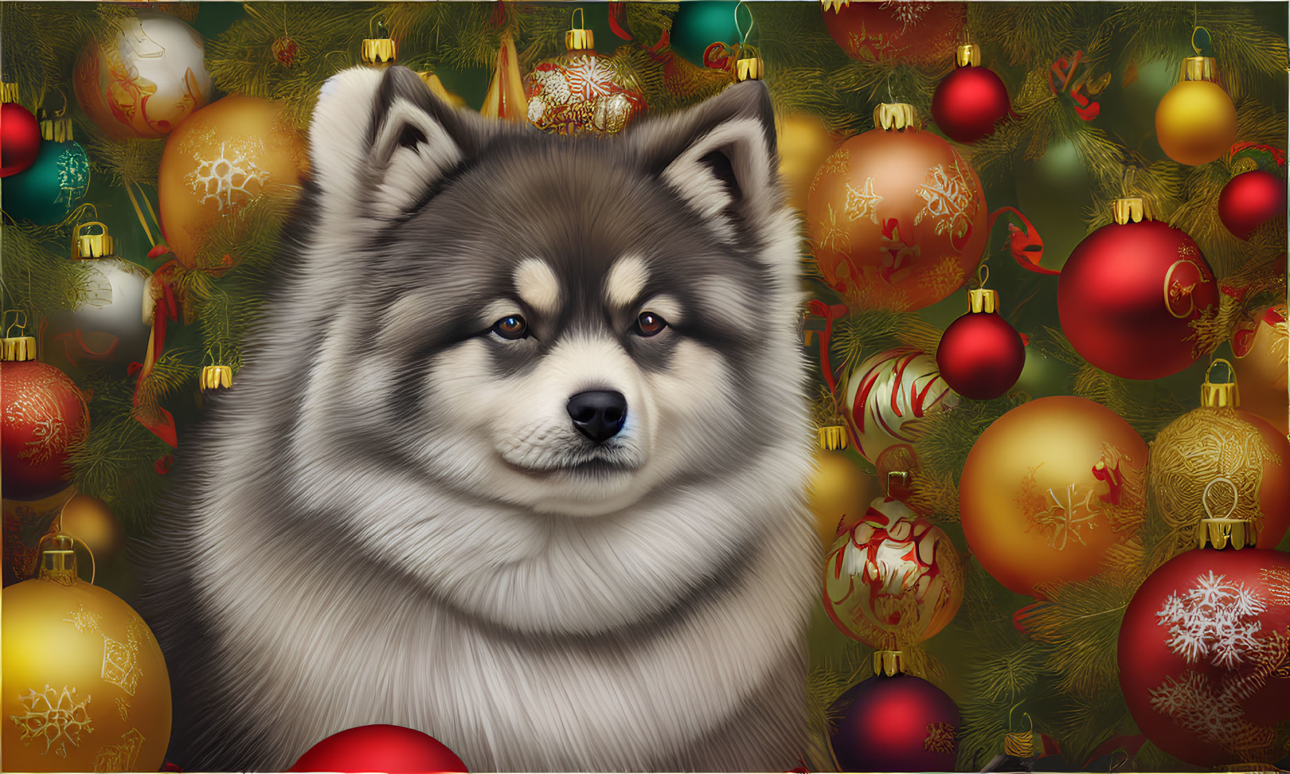 Fluffy Alaskan Malamute Dog with Christmas Decorations