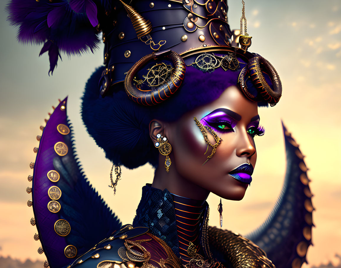 Woman with Purple Makeup and Elaborate Headgear in Twilight Sky