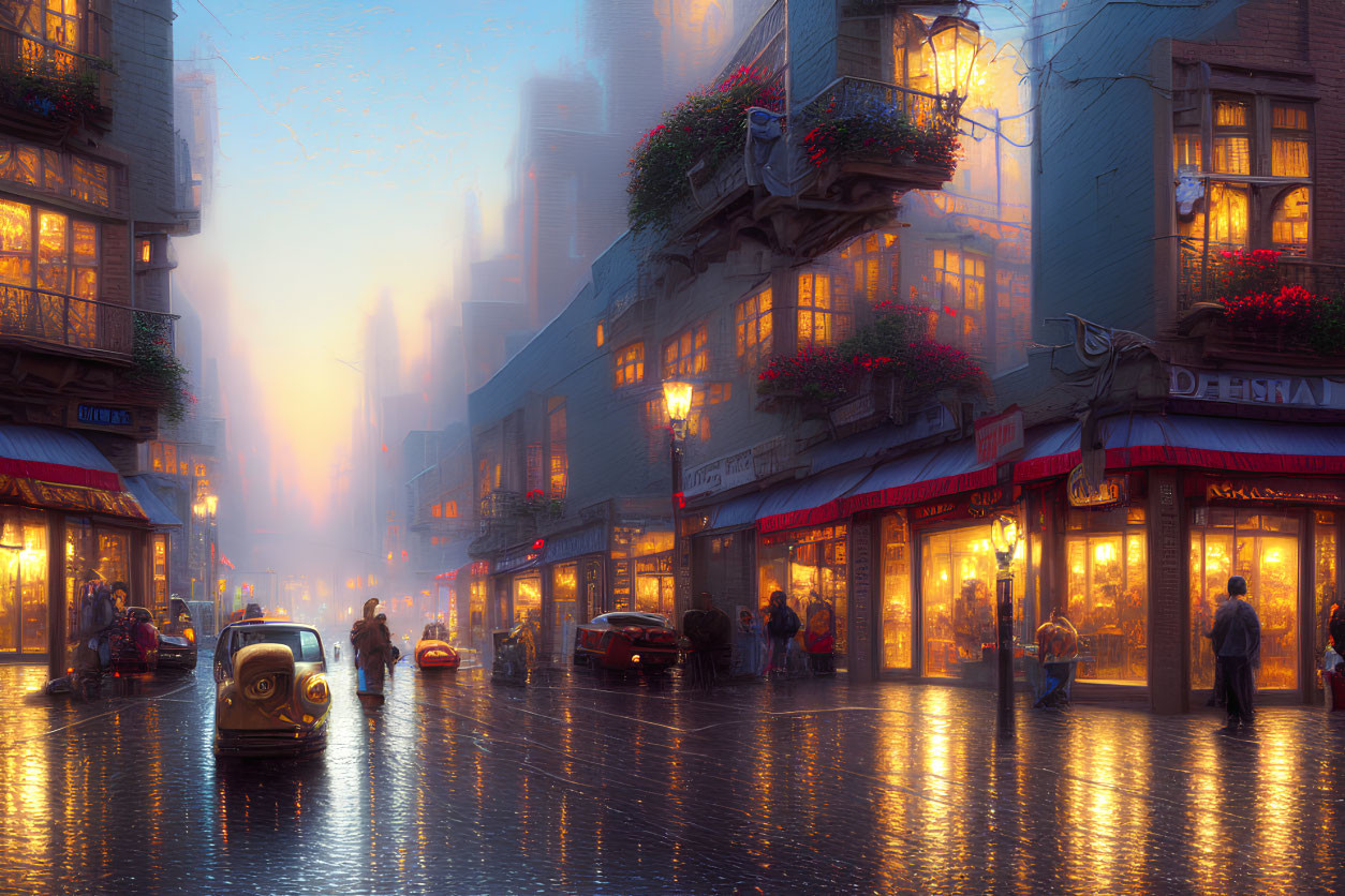 Nostalgic city scene at dusk: cobblestone streets, vintage cars, shops, people