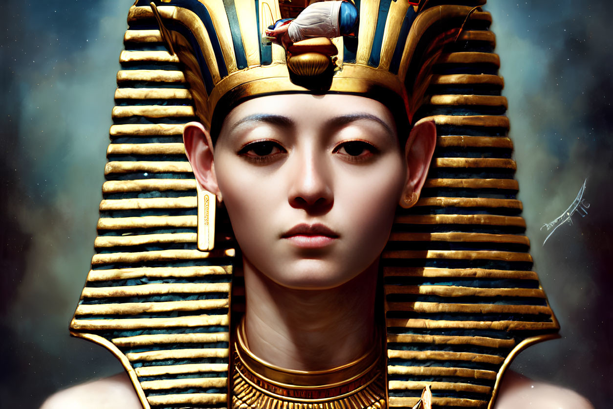 Detailed digital artwork of person in Egyptian pharaoh headdress against blue sky.