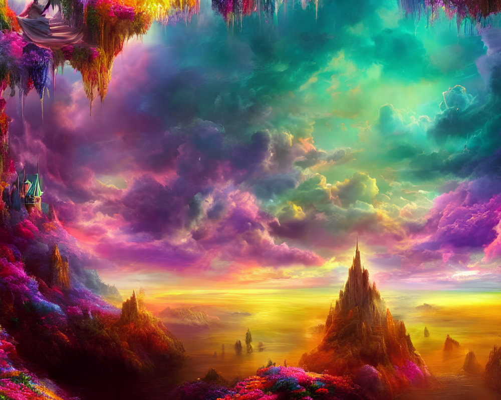Colorful Fantasy Landscape with Floating Islands and Castle