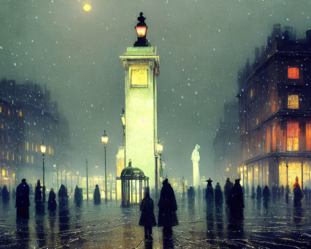 Snowfall on City Square with Clock Tower in Winter Night