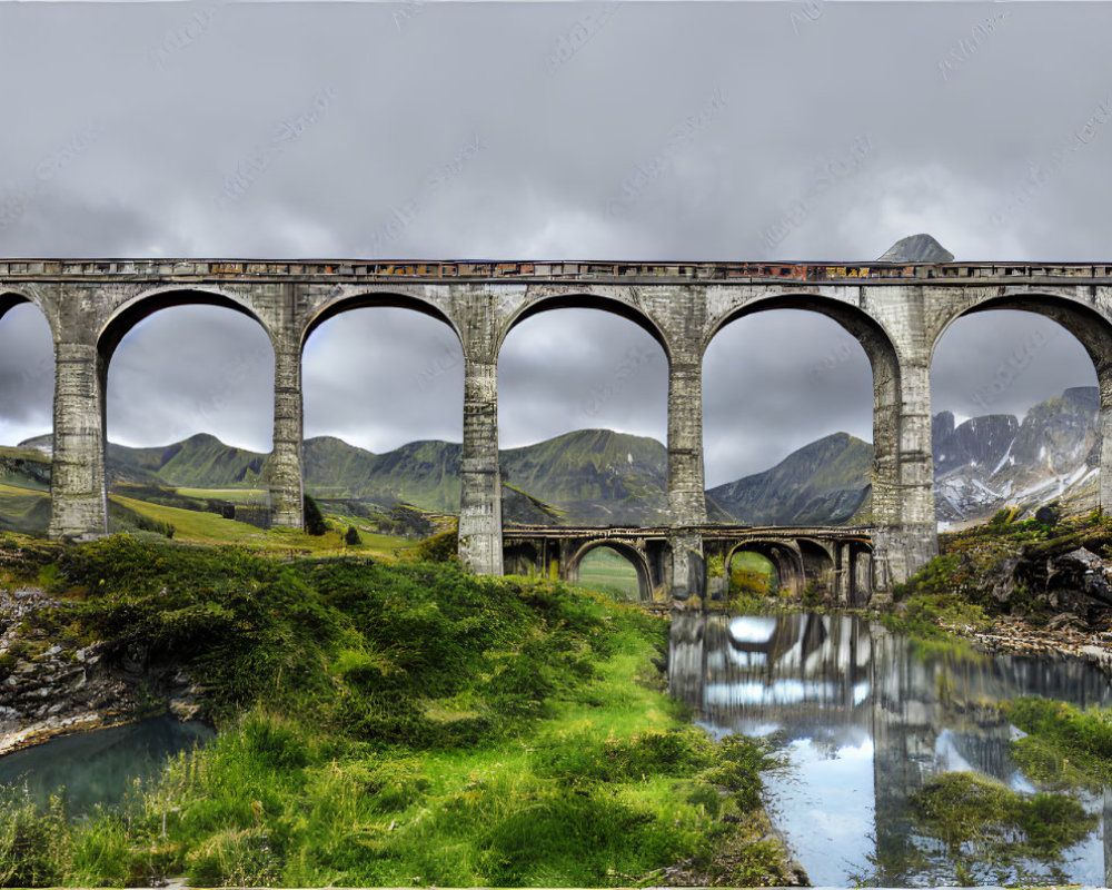 Stone arch bridge with multiple spans over calm river, reflecting mountains under cloudy sky