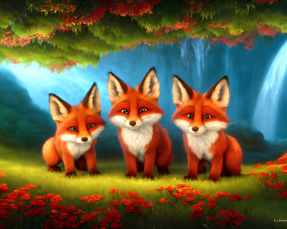 Vibrant orange cartoon foxes in lush forest scene