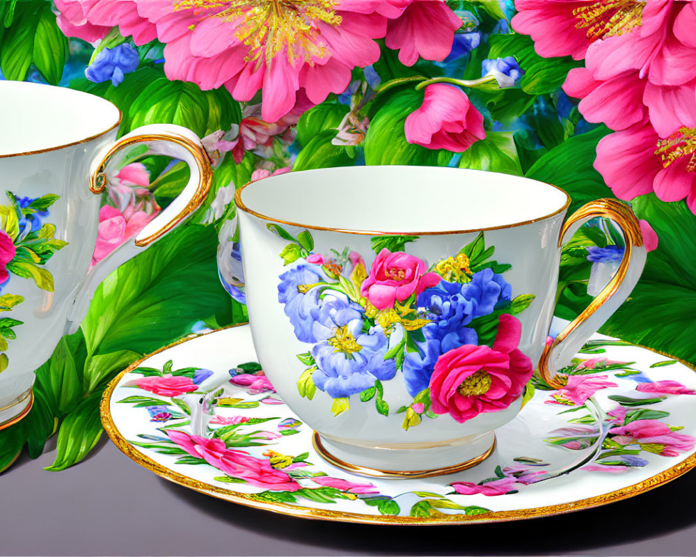 Ornate porcelain teacups with floral designs and gold accents on matching saucers surrounded by