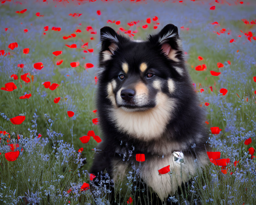 Tan and black dog in field with red poppies and blue flowers, gazing at camera