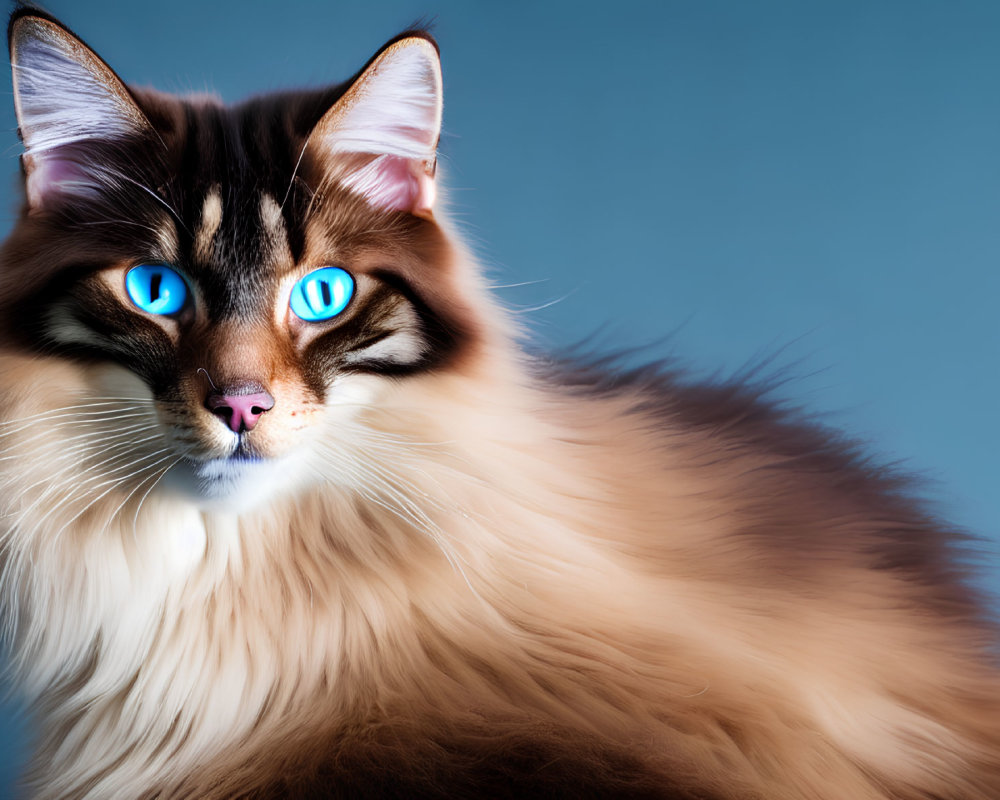 Fluffy Brown and White Cat with Blue Eyes on Blue Background