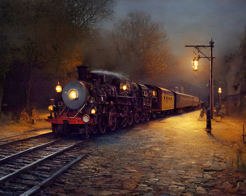 Vintage steam locomotive travels at dusk with glowing lamps and mist.