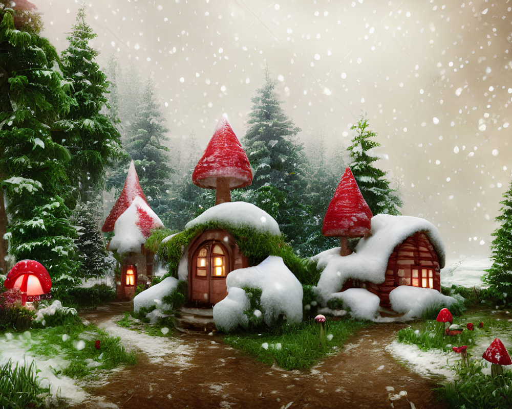 Snow-covered mushroom houses in enchanting winter scene