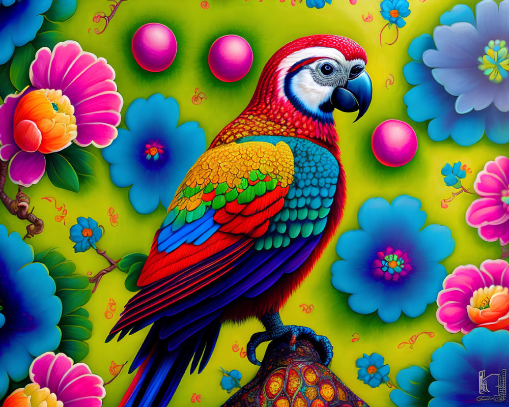 Colorful Parrot Illustration with Flowers and Pink Orbs on Yellow Background