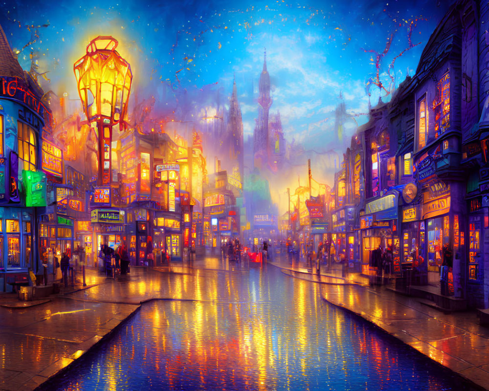 Vibrant fantasy city street at twilight with colorful shops and starry sky
