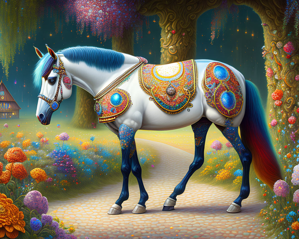 Colorful Horse with Vibrant Decor and Garden Setting