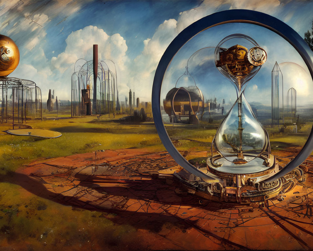 Futuristic landscape with hourglass structures, spherical habitats, and industrial towers