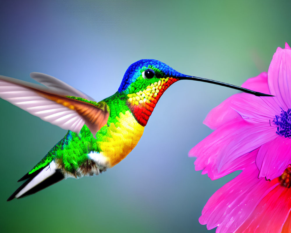 Vibrant hummingbird flying towards pink flower on green background