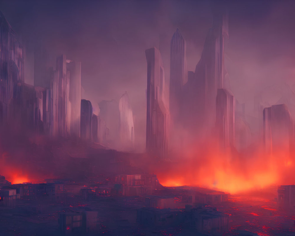 Dystopian cityscape with towering skyscrapers in red haze