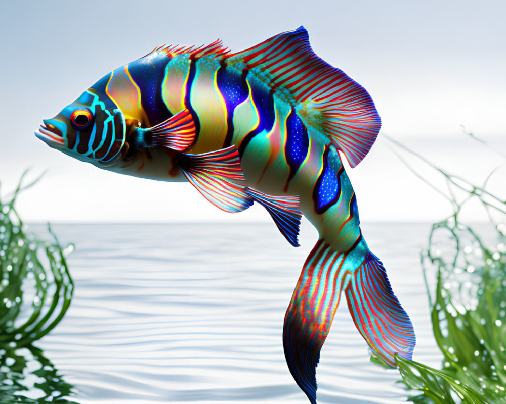 Colorful iridescent fish swimming near water surface with vibrant patterns and underwater plants