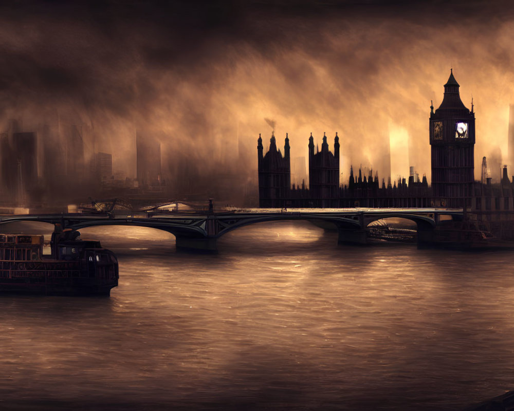 London skyline with Big Ben and Westminster Bridge silhouetted against dramatic cloudy sky at dusk