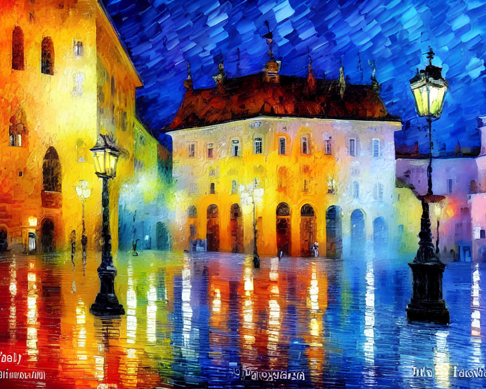 European town square painting: Vibrant, impressionistic night scene