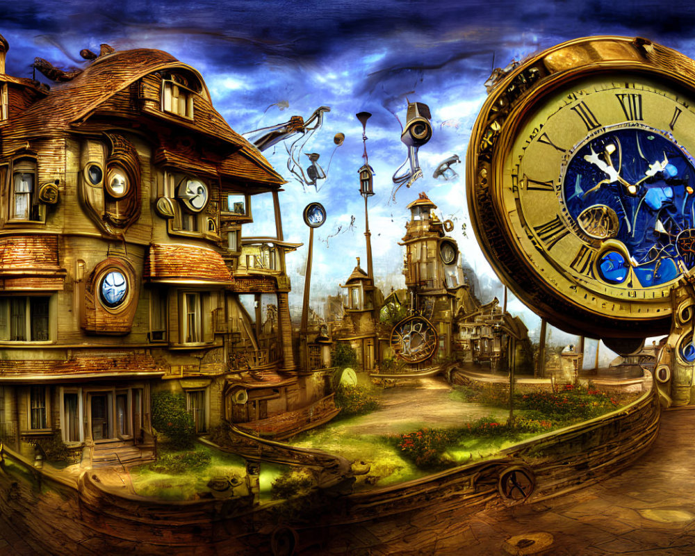 Surreal steampunk scene with clock-adorned mansion, gears, islands, and mechanical