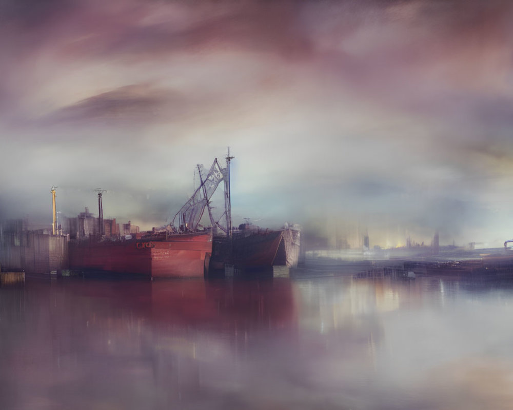 Harbor scene with moored ship in misty ambiance