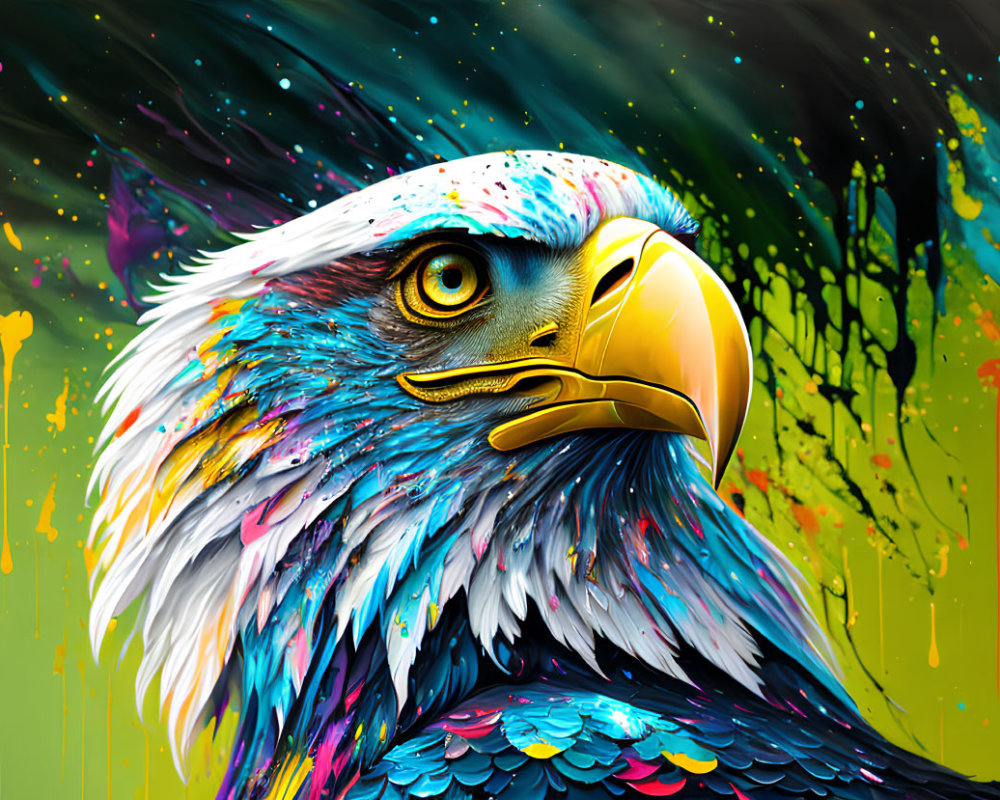 Colorful Eagle Head Digital Artwork on Paint-Splattered Background