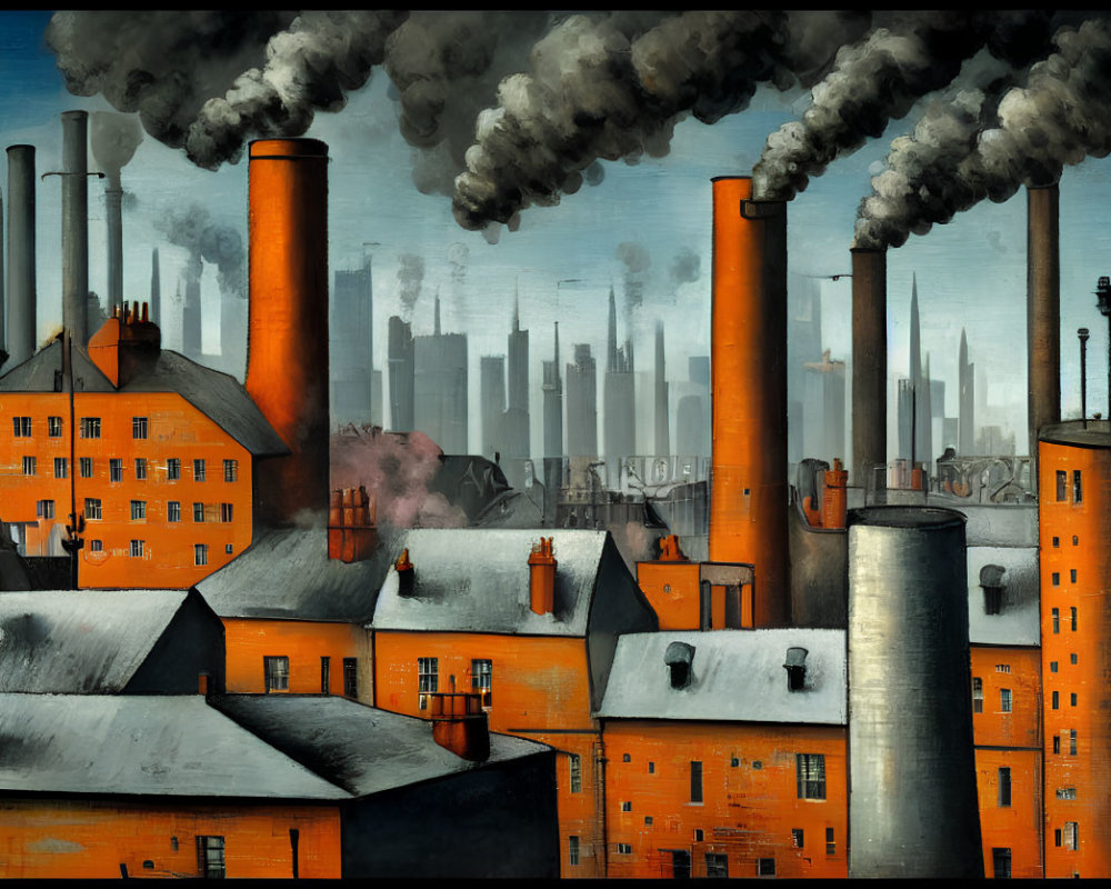 Orange industrial buildings with smokestacks in cityscape.