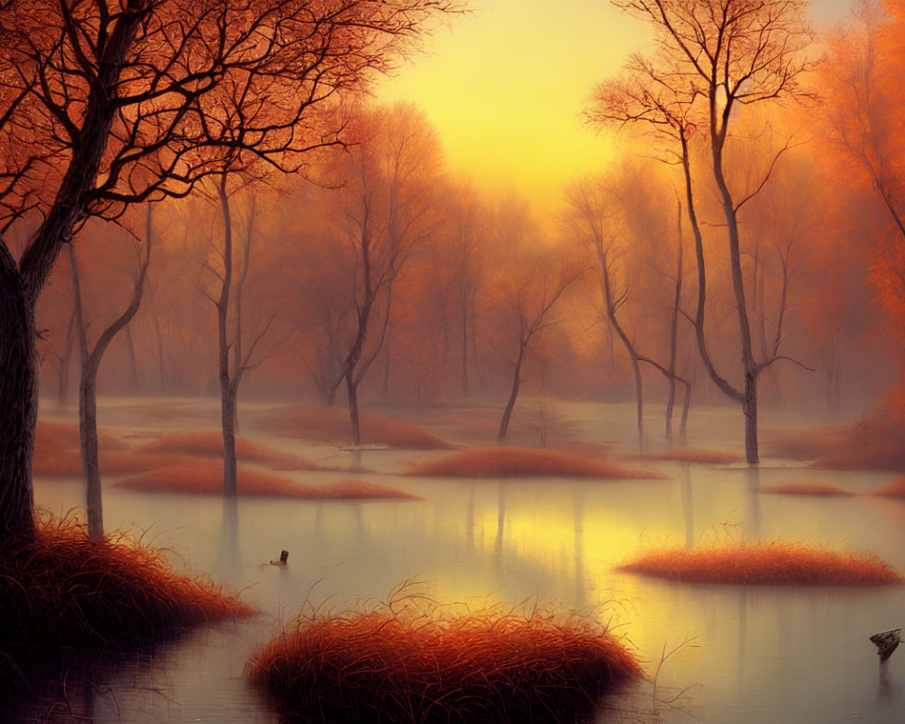 Tranquil autumn forest scene with golden hues, water reflections, and bare trees.