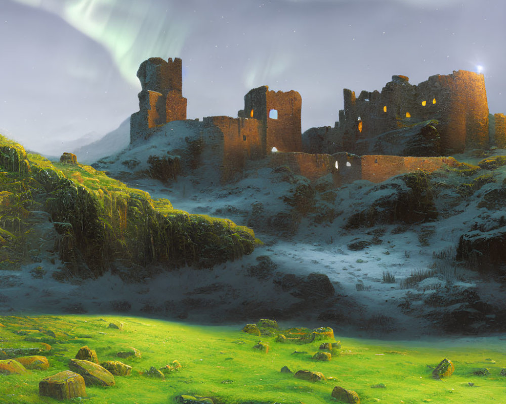 Ruined castle under night sky with aurora borealis and snow transition.