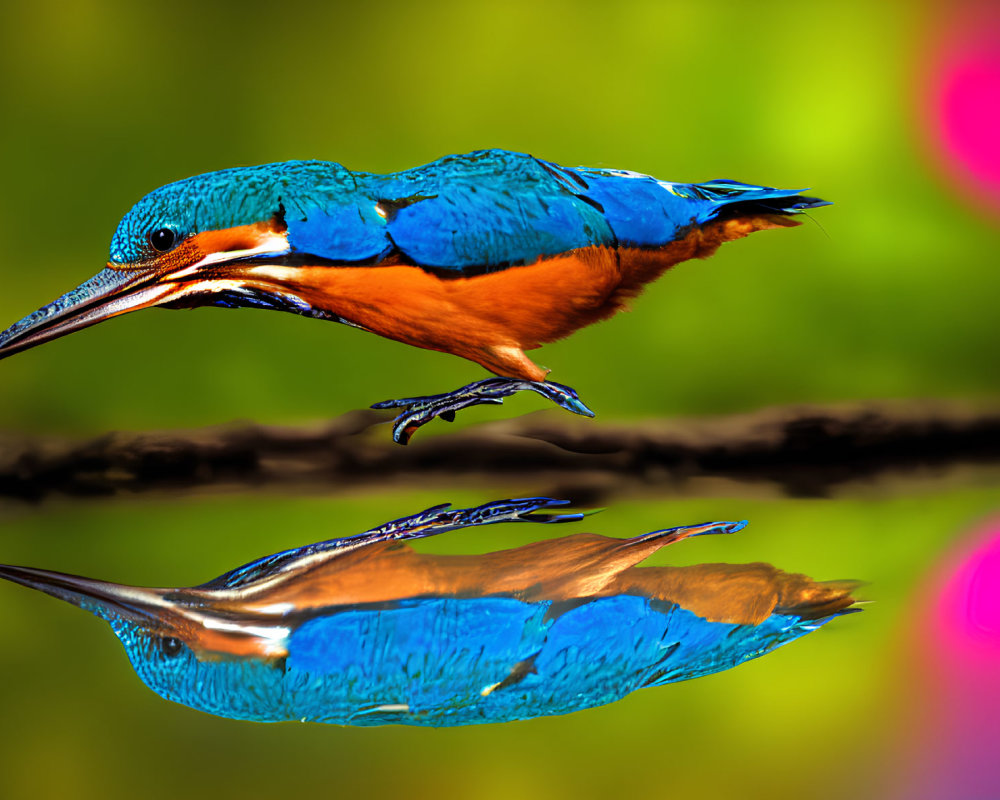 Colorful Kingfisher Bird Reflecting in Water on Blurred Background