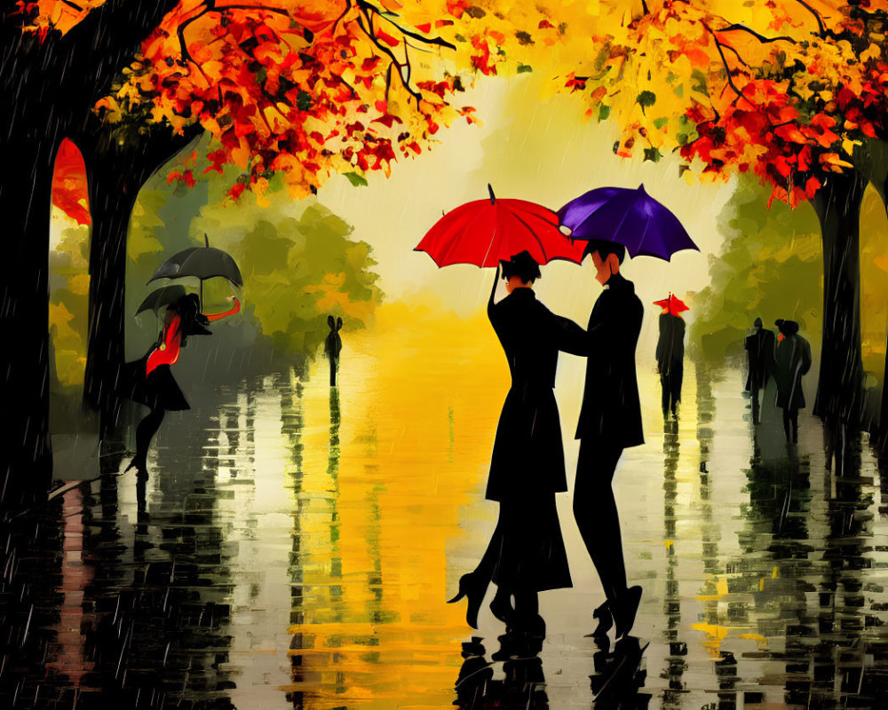 Vibrant artwork: People with umbrellas on rainy street with autumn trees