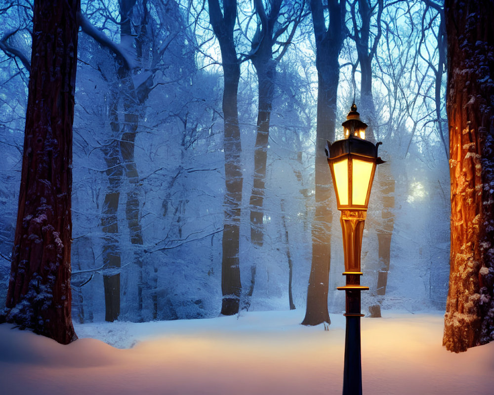 Winter landscape with illuminated street lamp and snow-covered trees