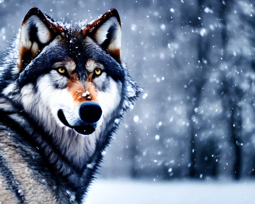 Grinning wolf with striking eyes in snowfall scenery
