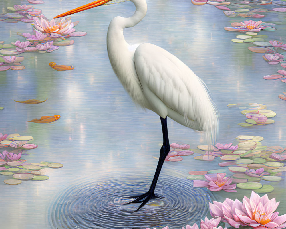 White Egret Surrounded by Pink Water Lilies and Orange Fish