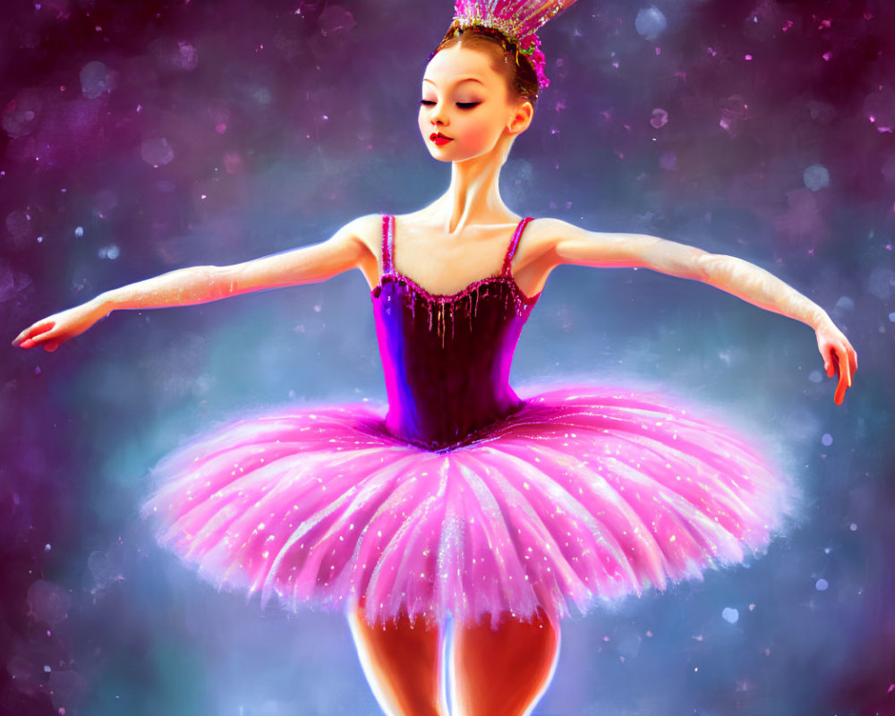 Elegant Ballerina in Pink Tutu and Purple Bodice on Bokeh-Light Background