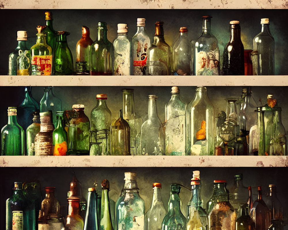 Assorted vintage glass bottles on dusty shelves