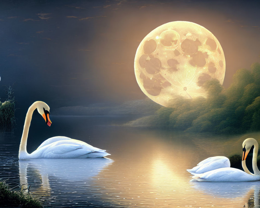 Tranquil lake scene with two swans and detailed moon on dreamy landscape