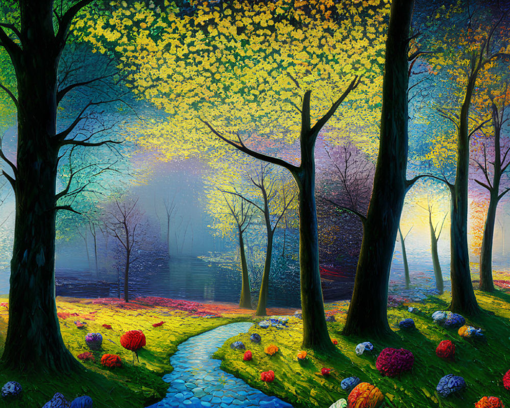 Impressionistic park painting with cobblestone path, colorful flowers, trees, and blue lake