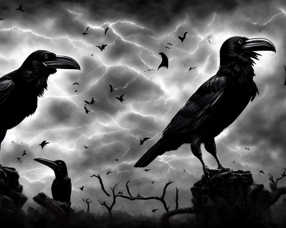 Monochrome artwork of ravens in barren trees under stormy sky