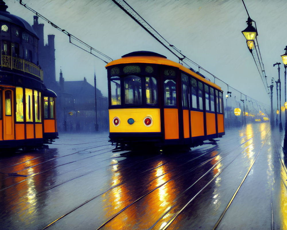 Vintage trams on misty, rain-slicked street at night with glowing lamps