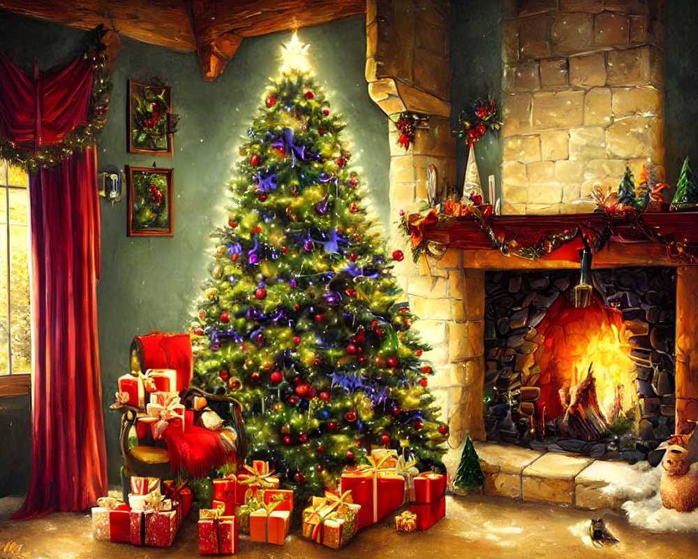 Cozy Christmas room with tree, fireplace, presents, and dog