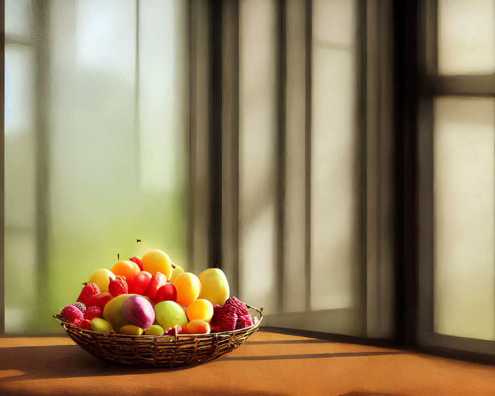 Sunlit Room with Colorful Fruits in Wicker Basket