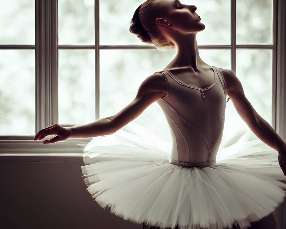 Elegant ballerina in white tutu by window with soft light