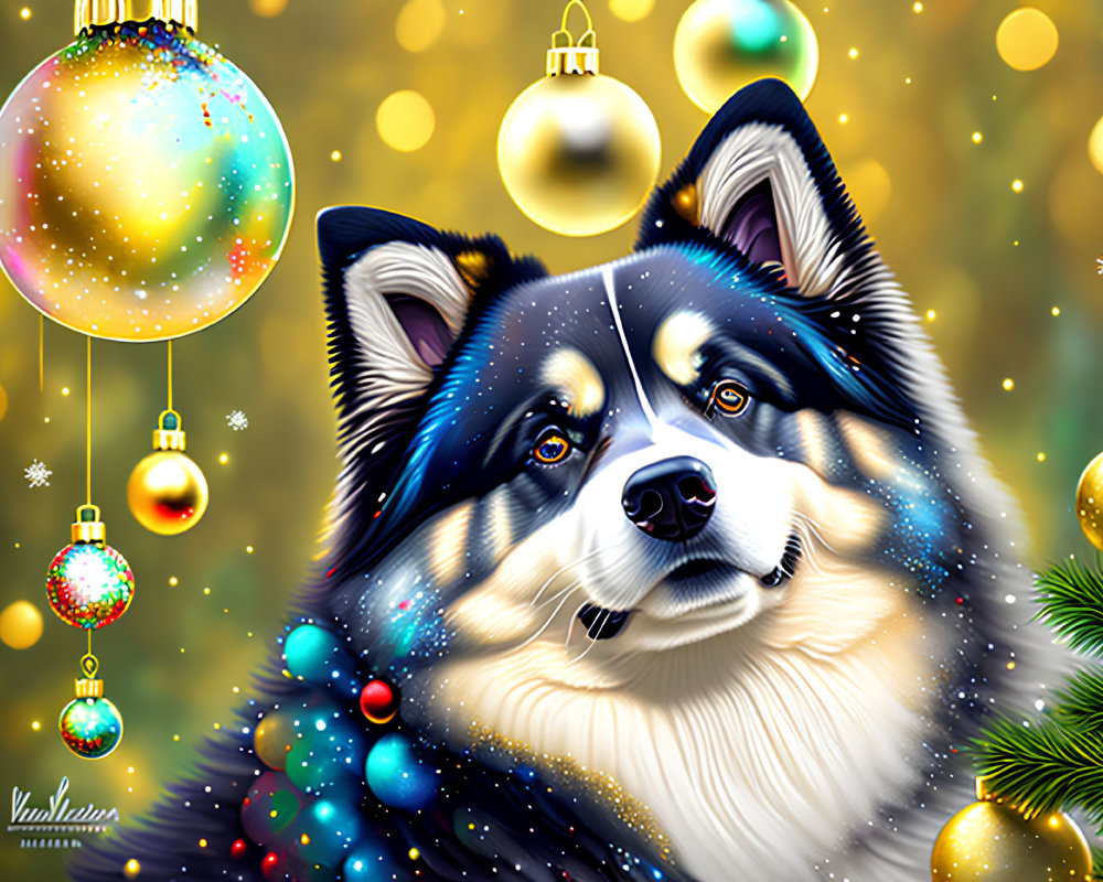 Siberian Husky with Blue and Brown Eyes in Festive Christmas Setting