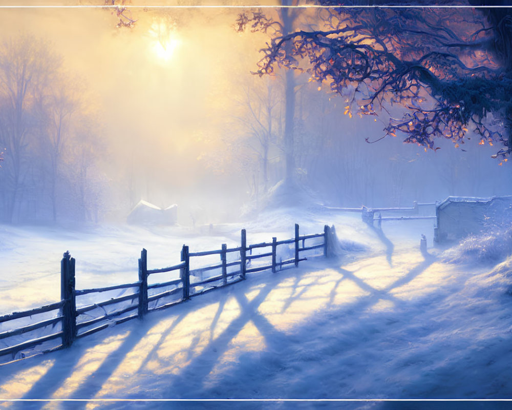 Snow-covered path, rustic fence, bare trees, golden sunlight, cozy cottage.